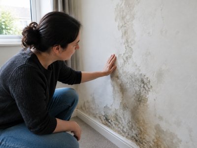 Tenant checking damp patches on a wall indoors