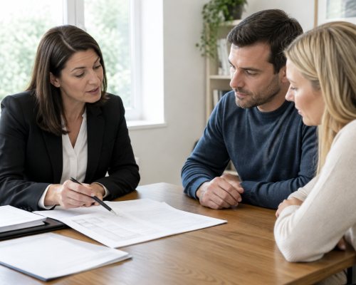 Solicitor discussing property documents with clients indoors