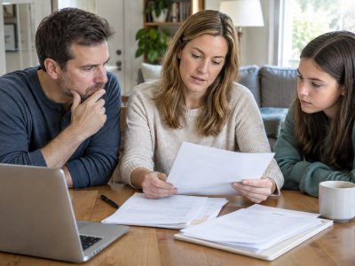 Family discussing legal documents at home table